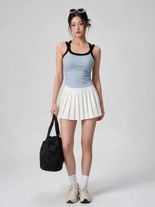 DAZY Women's Autumn/Winter Blue & Black Contrast U-Neck Fitted Knit Casual Base Layer Sports Tank Top - Dusty Blue - View 4