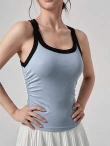DAZY Women's Autumn/Winter Blue & Black Contrast U-Neck Fitted Knit Casual Base Layer Sports Tank Top - Dusty Blue - View 3