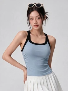 DAZY Women's Autumn/Winter Blue & Black Contrast U-Neck Fitted Knit Casual Base Layer Sports Tank Top - Dusty Blue - View 1