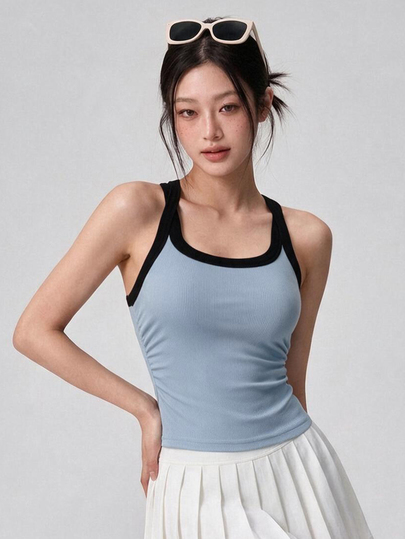DAZY Women's Autumn/Winter Blue & Black Contrast U-Neck Fitted Knit Casual Base Layer Sports Tank Top