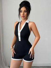 Elenzga Mono elegante y sexy para mujer con contraste de color negro y blanco, escote en V profundo, espalda descubierta, ajuste ceñido, estilo bohemio, para verano, casual, gimnasio, fiesta, salir, club y playa - Blanco y Negro - Ver 5