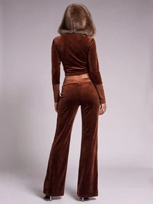Nooralise Fashionable Hot Girl Y2K Brown Velvet Patchwork Faux Fur Hooded Slim Fit Jacket With Pom Pom Rope Decoration And Flared Long Pants 2 Pieces Set - Brown - View 2