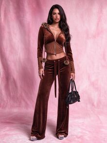 Nooralise Fashionable Hot Girl Y2K Brown Velvet Patchwork Faux Fur Hooded Slim Fit Jacket With Pom Pom Rope Decoration And Flared Long Pants 2 Pieces Set - Brown - View 1