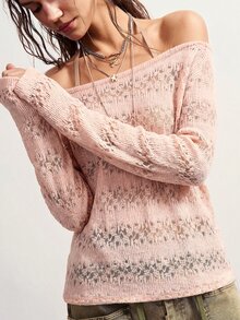 Bohemela Casual Solid Color Knitted Off-Shoulder Long Sleeve Women's T-Shirt - Pink - View 1