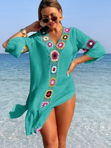 Swim Lushoire Women's V-Neck 3/4 Sleeve Crochet Floral Random Color Loose Side Slit Beach Cover Up Dress - Green - View 6