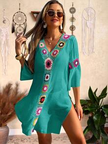 Swim Lushoire Women's V-Neck 3/4 Sleeve Crochet Floral Random Color Loose Side Slit Beach Cover Up Dress - Green - View 8