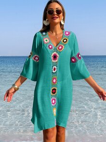 Swim Lushoire Women's V-Neck 3/4 Sleeve Crochet Floral Random Color Loose Side Slit Beach Cover Up Dress - Green - View 5