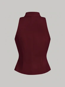SHEIN MOD 優雅青蛙鈕扣掛脖上衣與直筒長褲套裝 - 酒紅色 - 查看 11