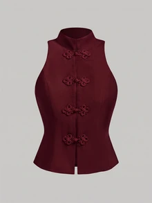 SHEIN MOD 優雅青蛙鈕扣掛脖上衣與直筒長褲套裝 - 酒紅色 - 查看 7
