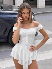 SHEIN ICON Women's White Ruched Jacquard Waist Cinched Patchwork Ruched Lace Shoulder Strap Shoulder Strap Multi-Layer Ruffle Hem A-Line Chiffon Mini Dress Pure Desire Party Style - White - View 4