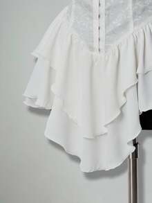 SHEIN ICON Women's White Ruched Jacquard Waist Cinched Patchwork Ruched Lace Shoulder Strap Shoulder Strap Multi-Layer Ruffle Hem A-Line Chiffon Mini Dress Pure Desire Party Style - White - View 6