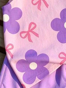 (1 Pc) Young Girls Summer Casual Fresh Cute Pink & Purple Floral Bow Pattern Flutter Sleeve T-Shirt - Multicolor - View 5