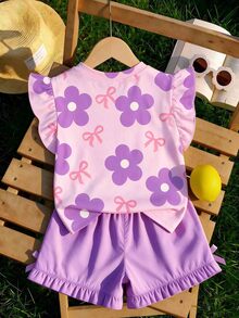 (1 Pc) Young Girls Summer Casual Fresh Cute Pink & Purple Floral Bow Pattern Flutter Sleeve T-Shirt - Multicolor - View 2
