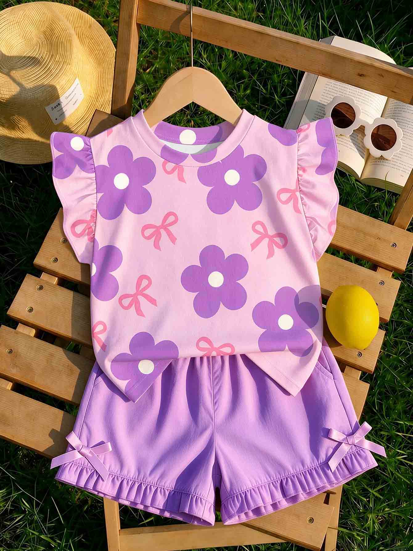 (1 Pc) Young Girls Summer Casual Fresh Cute Pink & Purple Floral Bow Pattern Flutter Sleeve T-Shirt - Multicolor - View 1