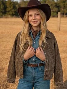 Joliand 青少年女孩棕色丹寧寬鬆長袖夾克 秋冬萬聖節 Y2K 畢業返校穿搭 - 棕色 - 查看 2