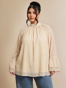 SHEIN BAE CURVE 大尺碼女款黑色鏤空寬鬆長袖半透浪漫襯衫 秋季 - 杏色 - 查看 5