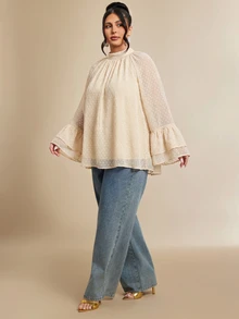 SHEIN BAE CURVE 大尺碼女款黑色鏤空寬鬆長袖半透浪漫襯衫 秋季 - 杏色 - 查看 6