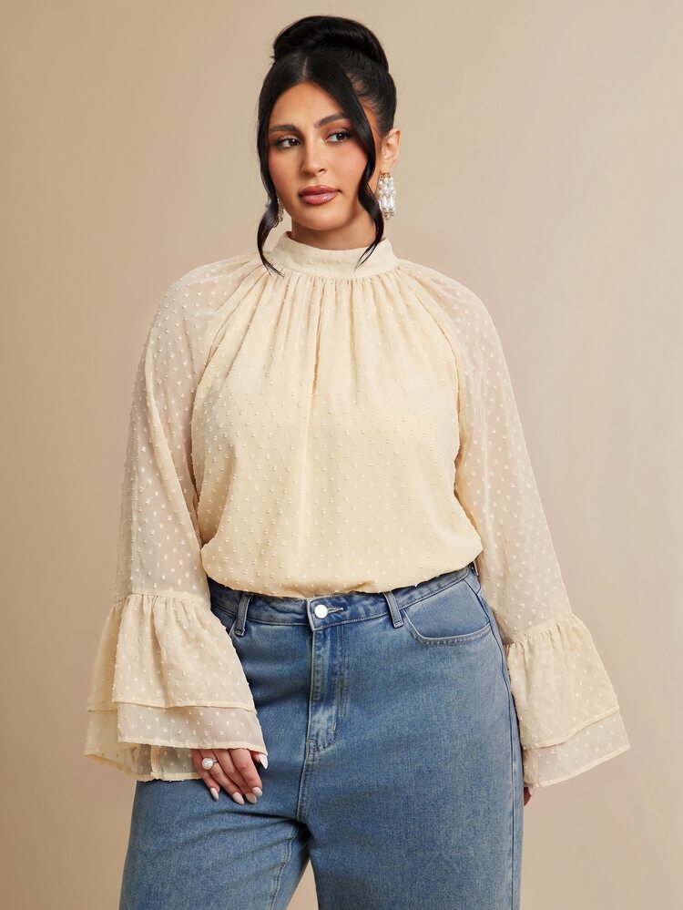 SHEIN BAE CURVE Plus Size Women's Black Cut-Out Loose Long Sleeve Semi-Sheer Romantic Blouse Fall - Apricot - View 7