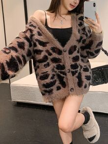 Joudiya Women Casual Daily Leopard Pattern Jacquard V-Neck Cardigan, Autumn/Winter,Long Sleeve Tops,Fall Women Clothes - Coffee Brown - View 2