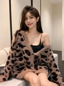 Joudiya Women Casual Daily Leopard Pattern Jacquard V-Neck Cardigan, Autumn/Winter,Long Sleeve Tops,Fall Women Clothes - Coffee Brown - View 3