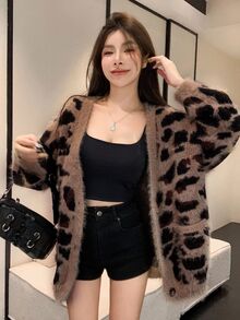 Joudiya Women Casual Daily Leopard Pattern Jacquard V-Neck Cardigan, Autumn/Winter,Long Sleeve Tops,Fall Women Clothes - Coffee Brown - View 4