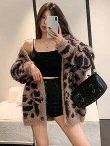 Joudiya Women Casual Daily Leopard Pattern Jacquard V-Neck Cardigan, Autumn/Winter,Long Sleeve Tops,Fall Women Clothes - Coffee Brown - View 6