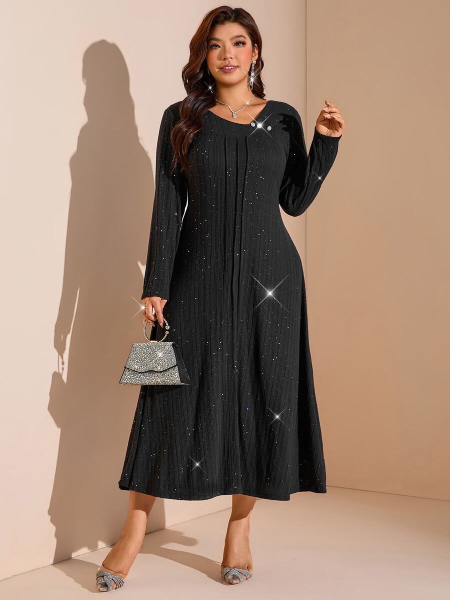 Comfylo Plus Size Women's Rhinestone Embellished Casual Party Dress Fall - Black - View 1