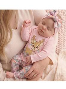 SHEIN Newborn Pink Ribbed Floral Print Long Sleeve Jumpsuit + Set, Comfortable Fashionable Infant Wear(1 Random Set Out Of 5 Pajamas Sets) - Pink - View 1