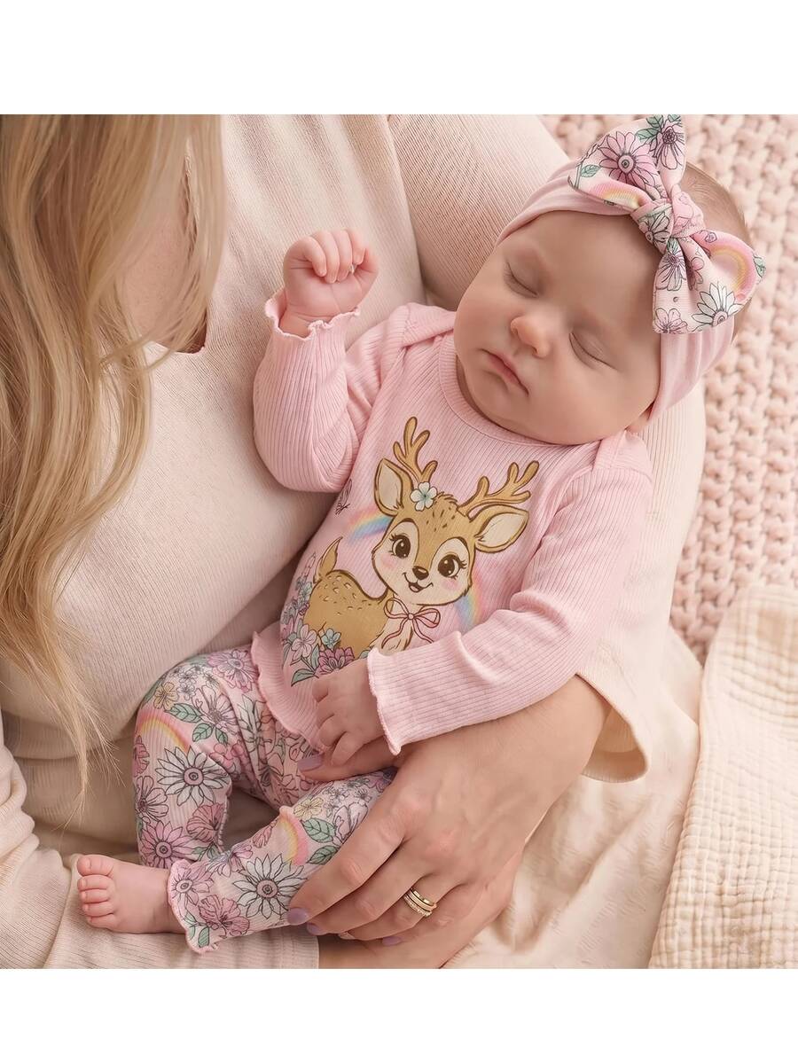 SHEIN Newborn Pink Ribbed Floral Print Long Sleeve Jumpsuit + Set, Comfortable Fashionable Infant Wear(1 Random Set Out Of 5 Pajamas Sets) - Pink - View 1