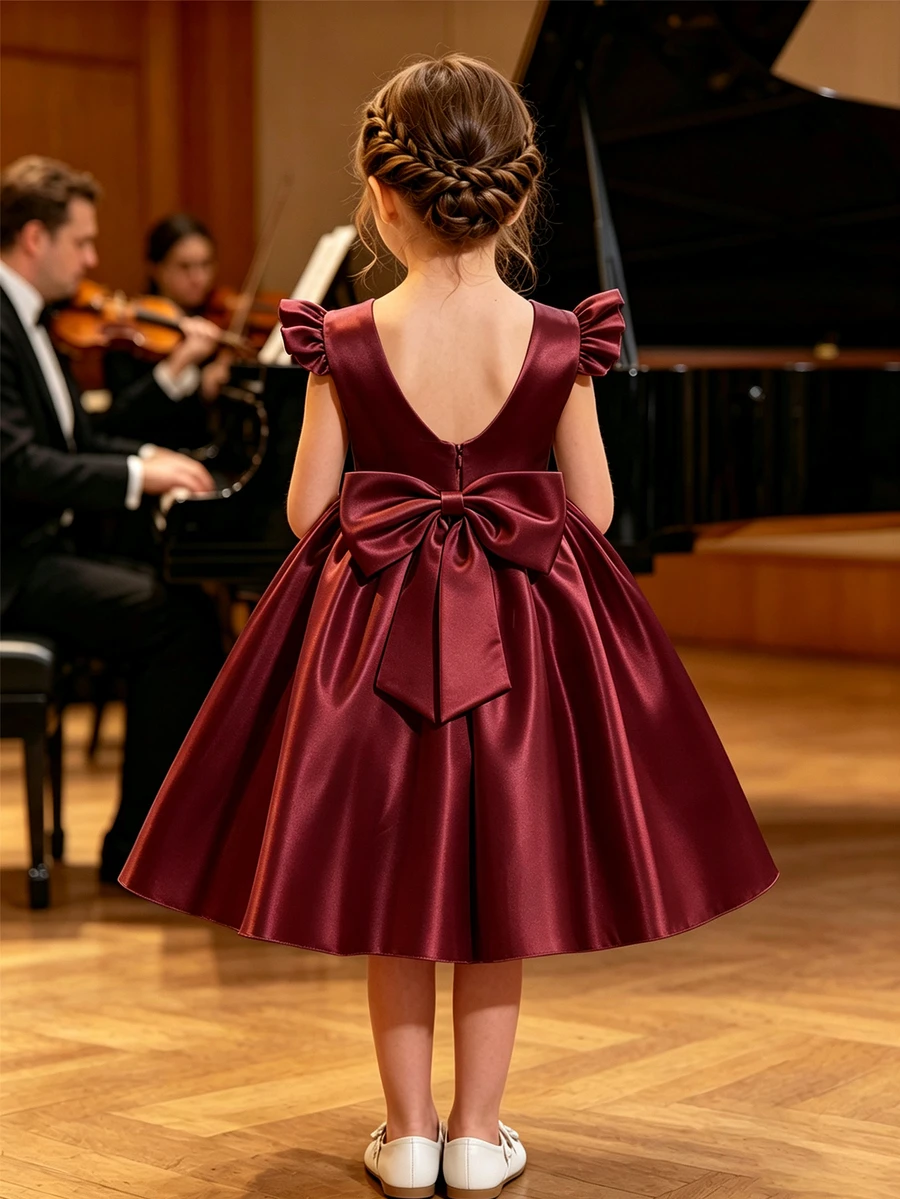 SHEIN Glamorique Kids Girls' Burgundy Satin Dress Detachable Large Bow ...