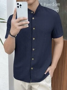 Mainfolk 男士海軍藍條紋短袖鈕扣領衫，無領修身透氣海灘上衣，適用萬聖節、聖誕節、冬季派對、秋季 - 藍色 - 查看 5