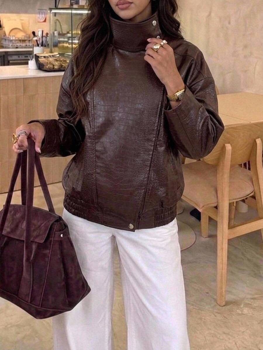 Aloruh Women's Casual Funnel Neck PU Loose Silhouette Brown Regular Jacket, Autumn/Winter - Brown - View 1