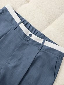Elamini Petite Women's Casual Commuter Contrast Waistband Straight Leg Pants ,Petite Women - Blue - View 8