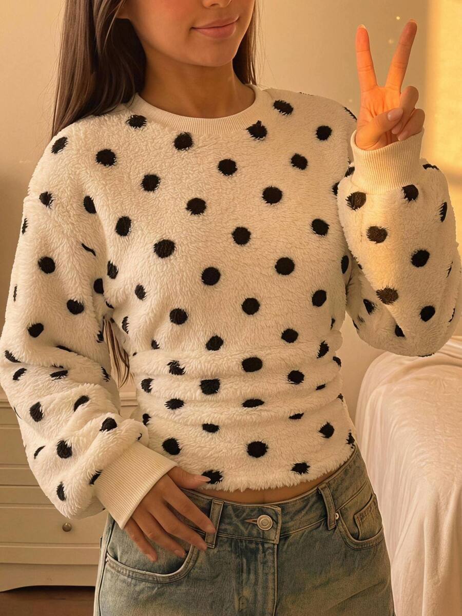 SHEIN 大童女孩秋冬休閒抓絨圓領套頭衫 波點印花 寬鬆抽褶長袖運動衫 童裝抓絨上衣 - 黑與白 - 查看 1