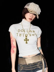 ROMWE Y2K Early Autumn Versatile Casual Metallic Sequin Embroidered Slogan Off-White Cropped High Neck Women's Knit Top - White - View 9