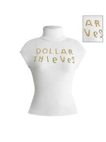 ROMWE Y2K Early Autumn Versatile Casual Metallic Sequin Embroidered Slogan Off-White Cropped High Neck Women's Knit Top - White - View 12