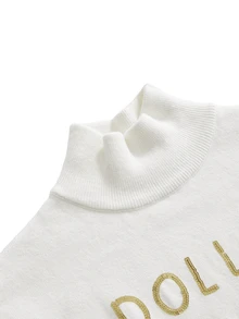 ROMWE Y2K Early Autumn Versatile Casual Metallic Sequin Embroidered Slogan Off-White Cropped High Neck Women's Knit Top - White - View 15