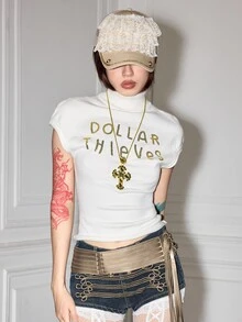 ROMWE Y2K Early Autumn Versatile Casual Metallic Sequin Embroidered Slogan Off-White Cropped High Neck Women's Knit Top - White - View 5
