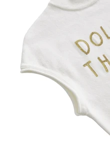 ROMWE Y2K Early Autumn Versatile Casual Metallic Sequin Embroidered Slogan Off-White Cropped High Neck Women's Knit Top - White - View 14