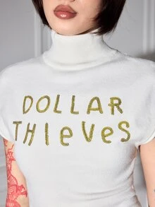 ROMWE Y2K Early Autumn Versatile Casual Metallic Sequin Embroidered Slogan Off-White Cropped High Neck Women's Knit Top - White - View 2
