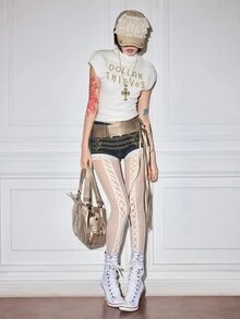 ROMWE Y2K Early Autumn Versatile Casual Metallic Sequin Embroidered Slogan Off-White Cropped High Neck Women's Knit Top - White - View 7