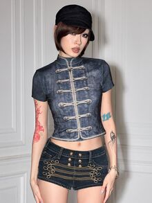 ROMWE Y2K Vintage Girl Washed Bronze Button Print Cropped Fitted Women's T-Shirt - Multicolor - View 4