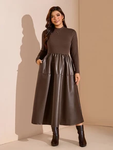 Comfylo Plus Size Women PU Leather Patchwork Casual Party Dress Winter - Coffee Brown - View 5