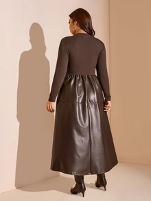 Comfylo Plus Size Women PU Leather Patchwork Casual Party Dress Winter - Coffee Brown - View 6