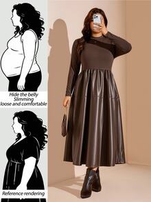 Comfylo Plus Size Women PU Leather Patchwork Casual Party Dress Winter - Coffee Brown - View 2