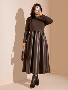 Comfylo Plus Size Women PU Leather Patchwork Casual Party Dress Winter - Coffee Brown - View 7