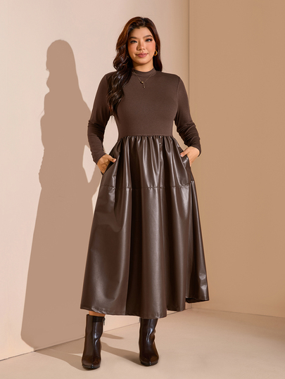 Comfylo Plus Size Women PU Leather Patchwork Casual Party Dress Winter