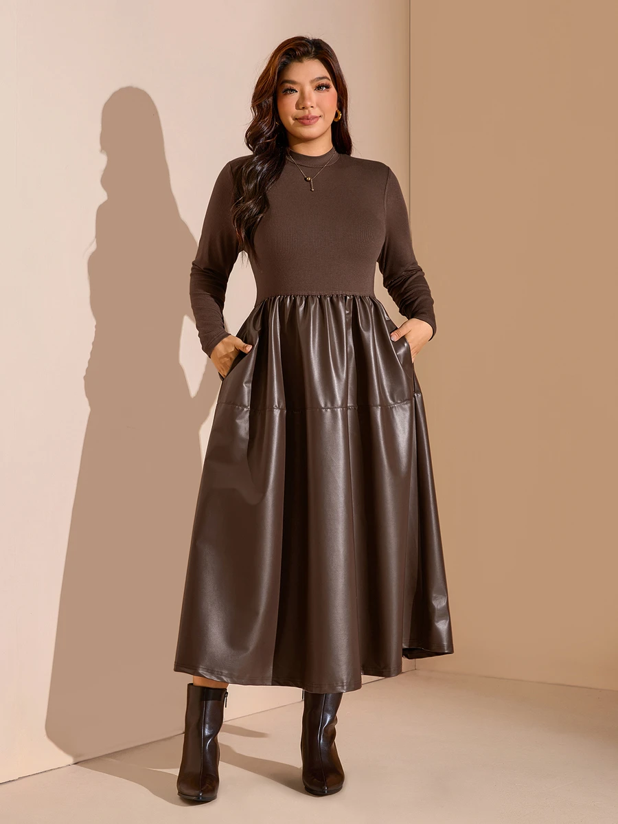 Comfylo Plus Size Women PU Leather Patchwork Casual Party Dress Winter - Coffee Brown - View 1