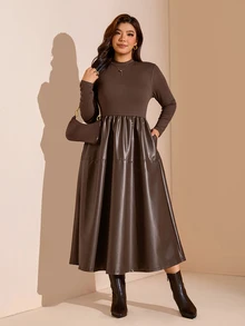 Comfylo Plus Size Women PU Leather Patchwork Casual Party Dress Winter - Coffee Brown - View 4