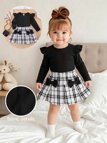 SHEIN Playful Pals 2pcs Baby Girls Knitted Long Sleeve Round Neck T-Shirt & Skirt Set, Elegant Fashion Outfit For Autumn/Winter - Black - View 9